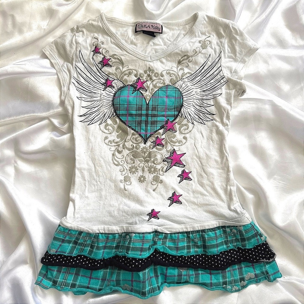 L.A. Kitty Y2K Winged Heart Plaid Ruffle Top White Teal McBling Medium